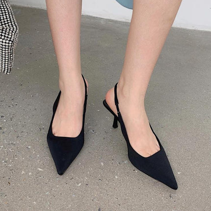 2025 Spring New Pointed Toe Stiletto Mid-Heeled Flats with Hollow Toe Sandals and High Heels Green Women's Shoes
