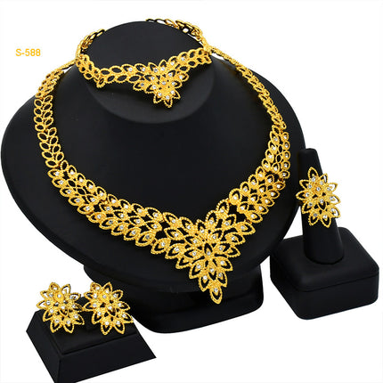 24K Dubai gold jewelry set Saudi bridal necklace bracelet earrings ring Indian ladies four piece wholesale