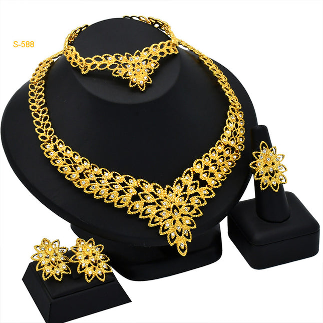 24K Dubai gold jewelry set Saudi bridal necklace bracelet earrings ring Indian ladies four piece wholesale