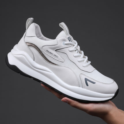 Genuine Leather Sports Shoes for Men, Summer Mesh Breathable White Sneakers, Versatile Thick-Soled Dad Shoes 1663 with Breathable Mesh
