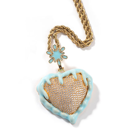 European and American Hip Hop Oil Dropping Love Sweater Necklace Oil Dropping Luminous Ice and Fire Heart-shaped Fashion Didi Bouncer Pendant Necklace