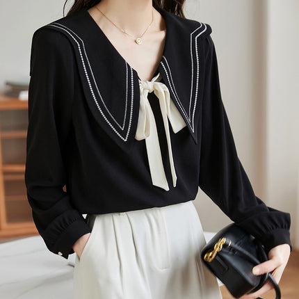 plus size Women's French Color Contrast Elegant V-neck Small Shirt Women's Spring Slight Fat Pear Figure Women's Top