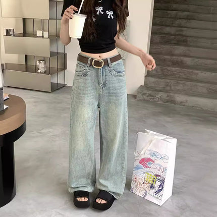 2024 New Spring wash blue loose leg leisure straight Denim mop trousers female