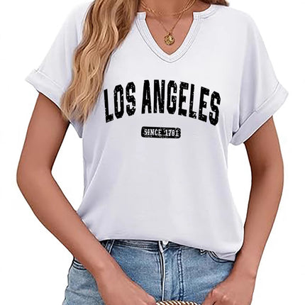 Amazon Spring and Summer New Product V-Neck Rolled Sleeves Los Angeles Letter Positioning Printed Pullover Short Sleeves