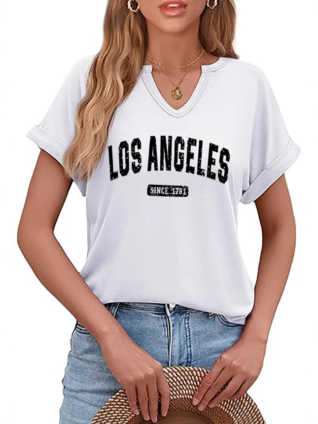 Amazon Spring and Summer New Product V-Neck Rolled Sleeves Los Angeles Letter Positioning Printed Pullover Short Sleeves