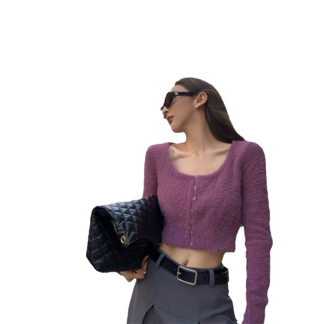 Korean style hot girl sexy slimming furry sweater sweater women's pure desire hot girl sexy gentle short soft glutinous top