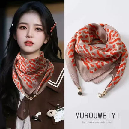 2025 New Warm Square Scarf Magnetic Buckle Triangle Silk Scarf Cotton Scarf Women's Spring, Autumn and Winter Style Scarf with Elegant and Versatile Style