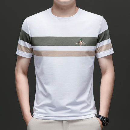 Mingdi Mouse Men's Summer New Short-sleeved All-match Crewneck Pullover T-shirt Casual Striped Plus Size Men's T-shirt