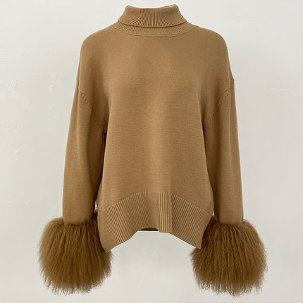 Women's Sweater Amazon Aliexpress Hot-Selling Autumn and Winter New Style Real Fox Fur Cuffs Loose High-Neck Knit Sweater for Women