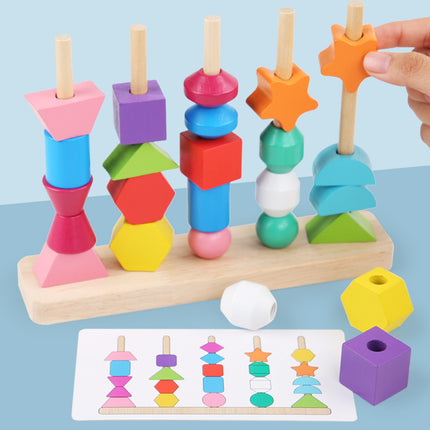 Wooden Children's Educational Beaded Toys Five Sets of Column Color Sensory Enlightenment Children's Shape Perception Building Blocks Toys