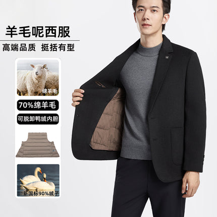 Men's Business Casual Suit Jacket Autumn and Winter Classy Thickeneded Removable down Double-Sided Woolen Outwear