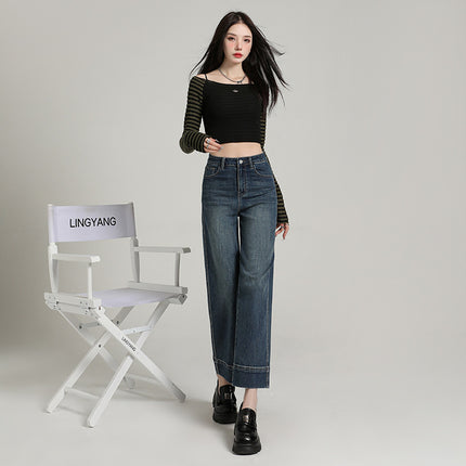 Korean-style All-match Cropped Straight Jeans Women's 2025 Spring New High Waist Elastic Slimming Smoke Pipe and French Stick Pants