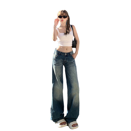 American Style Retro Hot Girl Low Waist Wide Leg Jeans Women's 2025 Spring and Autumn New Straight Tube Loose Slim Look Mop Pants