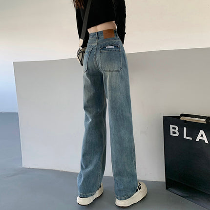 3301# High waist retro blue straight jeans women's design loose slimming draping mop long pants 1