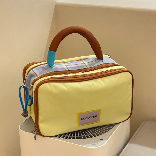 Plaid Contrasting Color Cosmetic Bag, Large Capacity, High-End Toiletry Bag, Portable Portable Storage, Makeup Storage, Travel