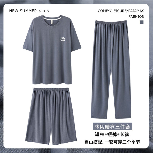 Summer Men's Pajamas Three-Piece Set Short-Sleeved Trousers Home Clothes Modal Shorts Casual Loose Plus Size Set