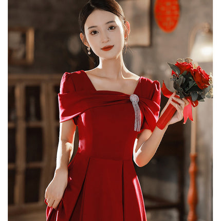 Toast Dress Bride Wedding Red High-end Engagement Mid-length Banquet Back Door Slimming High-end Autumn and Winter dress