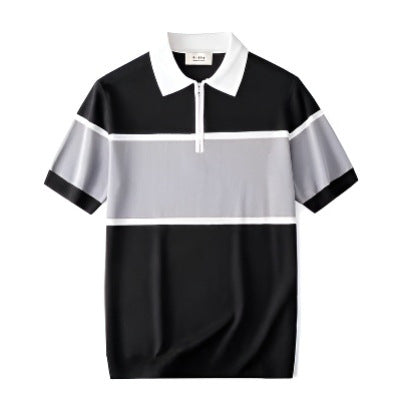 2025 Men's Knitted Polo Shirt Handsome Summer Trendy Men's Right Shoulder Shirt Collar American Zipper Lapel Stripesd T-Shirt