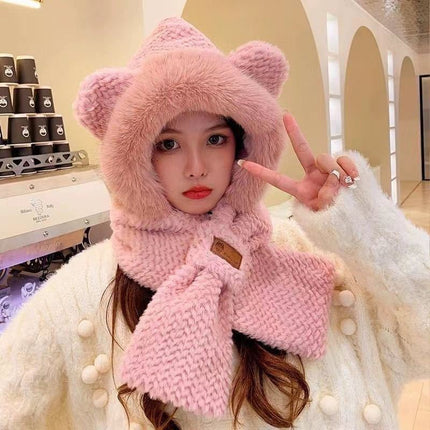 Autumn and Winter Hats for Women, Cute Plush Scarf, Thickened Integrated Neck Warmer, Plush Hat for Cycling, Warm Ear Protection Hat