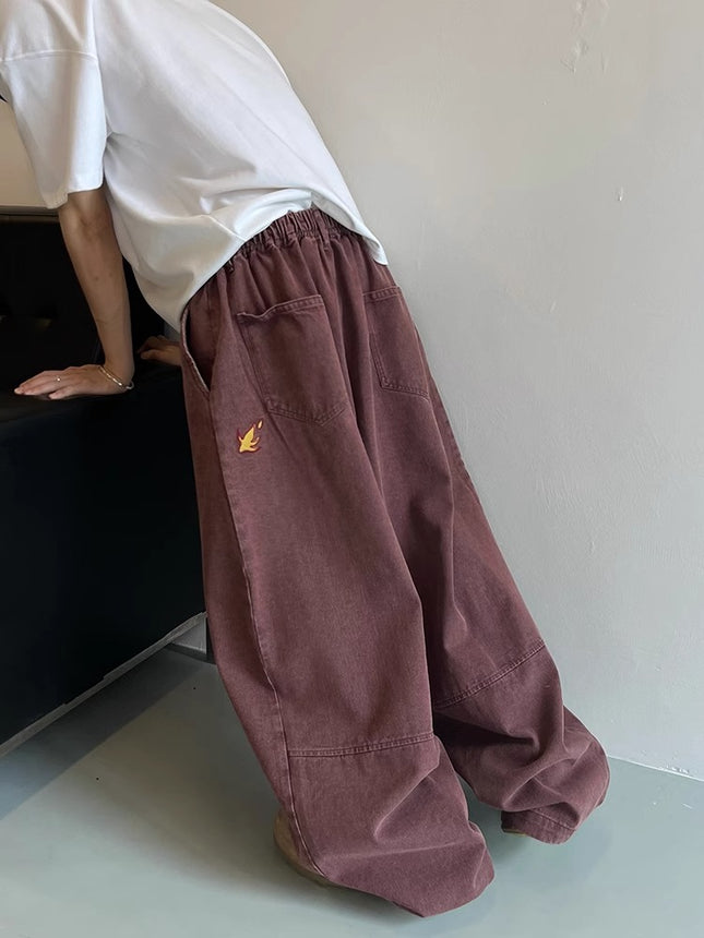 High Street Trendy Brand Small Flame Embroidery Silhouette Jeans Men's American Retro Washed Loose Floor-Length Versatile Long Pants