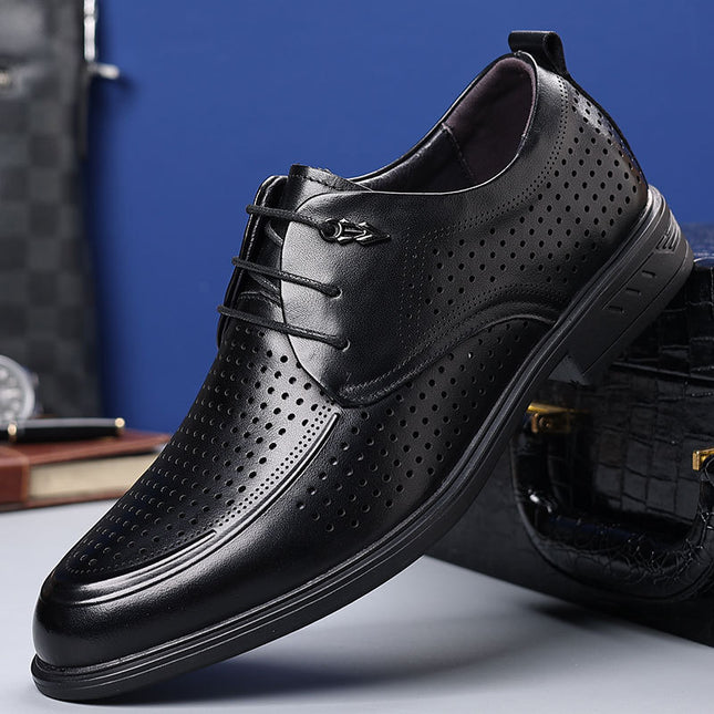Leather Shoes Men's Dress Business Casual Leather Soft Sole Summer Hollow Breathable Thick Black Wedding Groom Shoes Men's Shoes