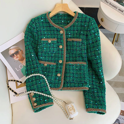 Vintage Heavy Industry Coat Green Sequin Small Fragrant Style suit Women's Autumn and Winter 2024 New High Waist Split Skirt