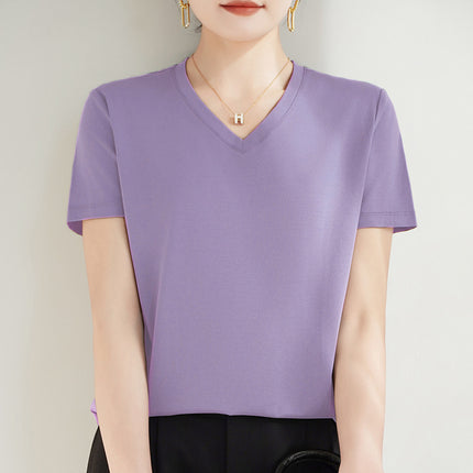 100 mercerized cotton short-sleeved T-shirt women's 2025 summer new V-neck cotton pullover vest cool feeling ice silk base