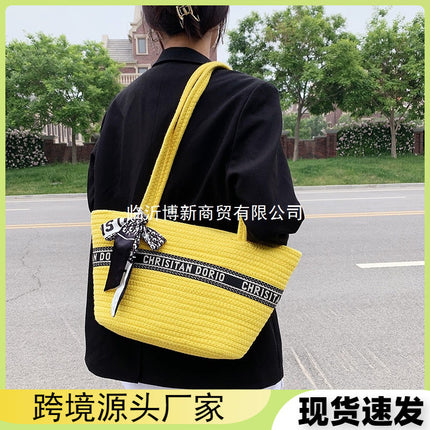 Creative Cotton Woven Bag Women's Travel Beach Bag Tote Bag Women's Satchel Shopping Bag Shoulder Crossbody Bag Vegetable Basket