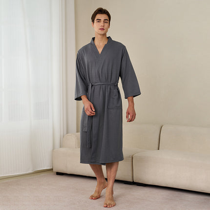Summer Thin Water Absorbent Waffe Bathrobe Women's Summer Mid-length Simple Sexy Nightgown Men's Breathable Bath Towel Pajamas