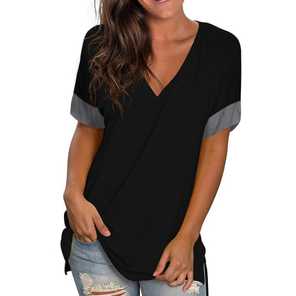 2024 Europe and the United States Spring and Summer Cross-Border New Women's Base Shirt Solid Color V-Neck Short-Sleeve Stitching