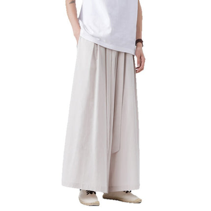 Summer Linen Pants Men's Chinese Style Loose Wide-Leg Pants Chinese Style Large Size Casual Pants Retro Long Pants Wide-Leg Culottes