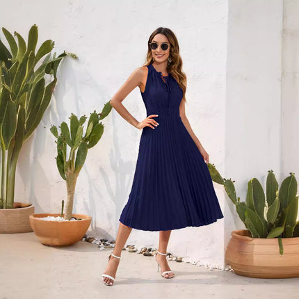 Amazon Cross-Border Lace-Up High-Waist Pleated Fur Ball Dress Sleeveless Summer Dress Casual Vacation Travel Dress