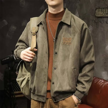 Gray green suede lapel baseball uniform men's loose spring and autumn heavy American casual jacket jacket top