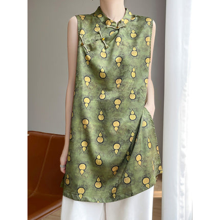 New Chinese Style Satin Stand Collar Sleeveless Vest for Women 2025 Summer New Style Buckle Printed Loose Top