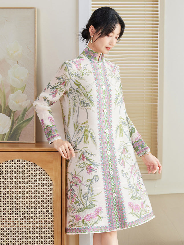 Elegant Mom Dress Early Autumn 2026 New Miyake High-End Plus Size Printed Age-Reducing Stylish Pleated Shirt Dress