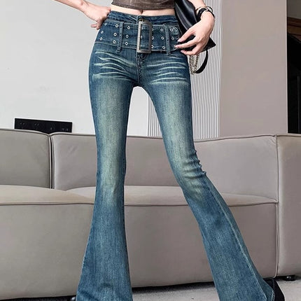 Vintage Gradient Flared Jeans for Women, Autumn Design, American Style, High-Waisted, Stretchy, Slim-Fit, Floor-Length Pants