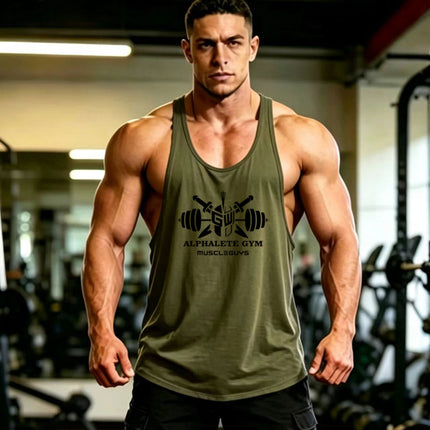 Summer Men's Vest Thin Strap Sports European and American Bodybuilding Fitness T-shirt Printed logo Waistle I-Shoulder Loose Men