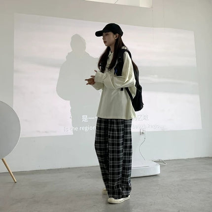 Lazy Wind Contrast Color Stitching Plaid Casual Pants Women's 2025 Spring and Summer Loose Comfortable Slimming Wide Leg Pants Women