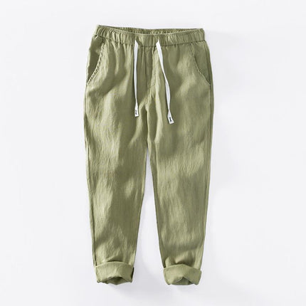 P8236 Summer New Pure Color Simple Casual Pants Men's Linen Breathable Lace-Up Pants Men's One-Piece Drop Shipping