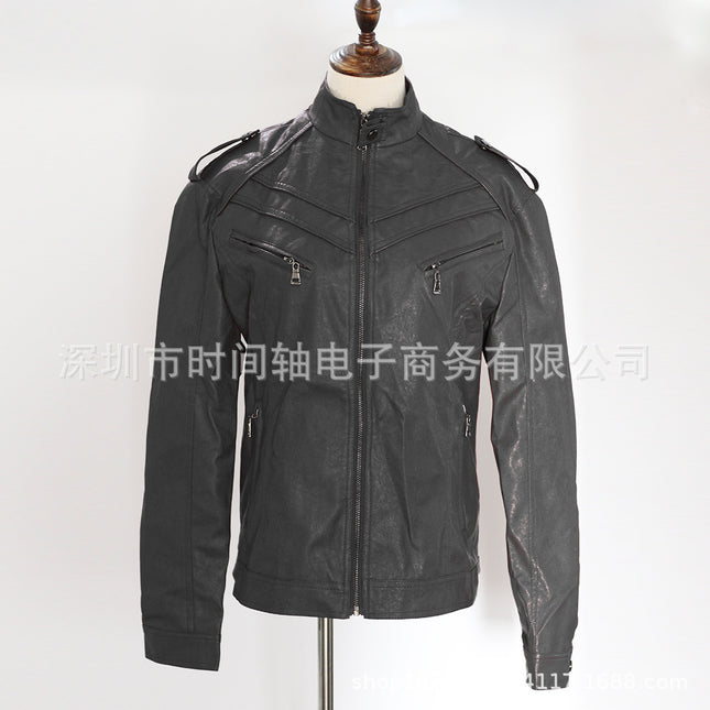 2025 New Autumn and Winter Leather Jacket Men's Color Splicing Stand Collar Top Jacket E9G881 European Station Hot Sale Wish