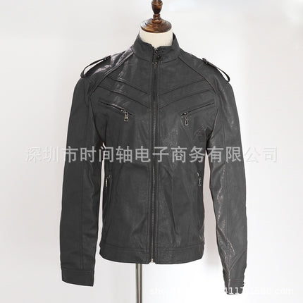 2025 New Autumn and Winter Leather Jacket Men's Color Splicing Stand Collar Top Jacket E9G881 European Station Hot Sale Wish