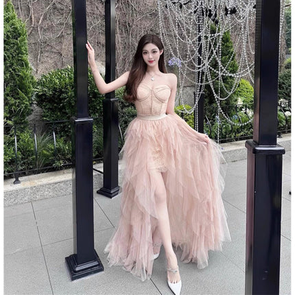 Sense Irregular Socialite dress Waist Long Dress Gown Light Luxury Niche Elegant Strapless Dress suit
