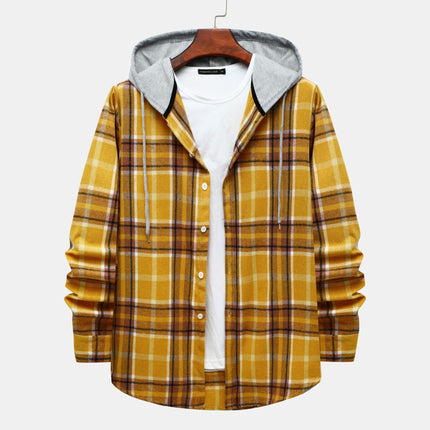 Cross-border Hooded Plaid Shirt Men's 2024 Foreign Trade Autumn Harajuku Style Plaid Hooded Shirt Men's Hong Kong Style Casual Shirt