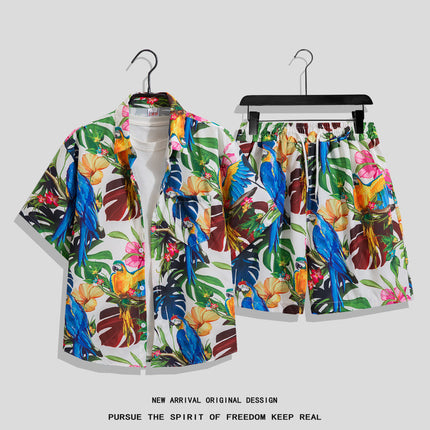 Men's Ins Summer Loose Short-Sleeved Shorts Suit Trendy and Handsome Beach Floral Couple Clothes Hawaiian Style Shirt