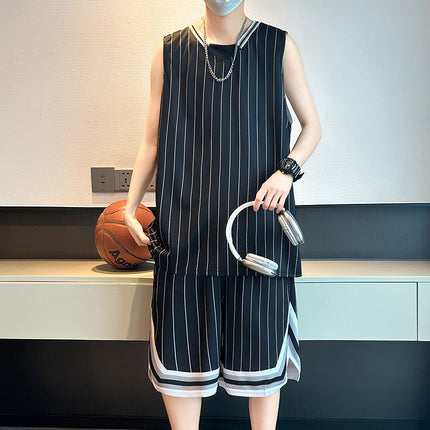 New 2025 Men's Running Stripe Sports Ice Silk Suit Men's Summer Basketball Suit Summer Sports Suit Men