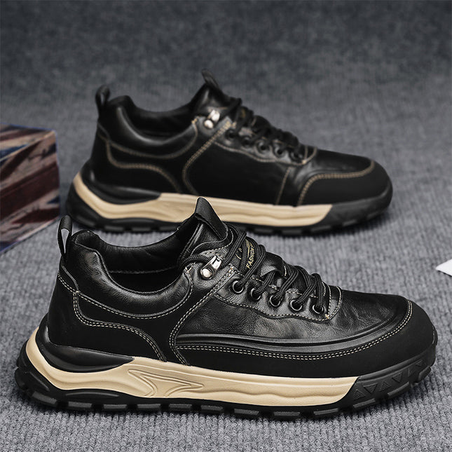 Men's Shoes 2026 New Spring Trendy Black Work Shoes Waterproof Lightweight Sports Shoes Thick-Soled Low-Top Casual Leather Shoes