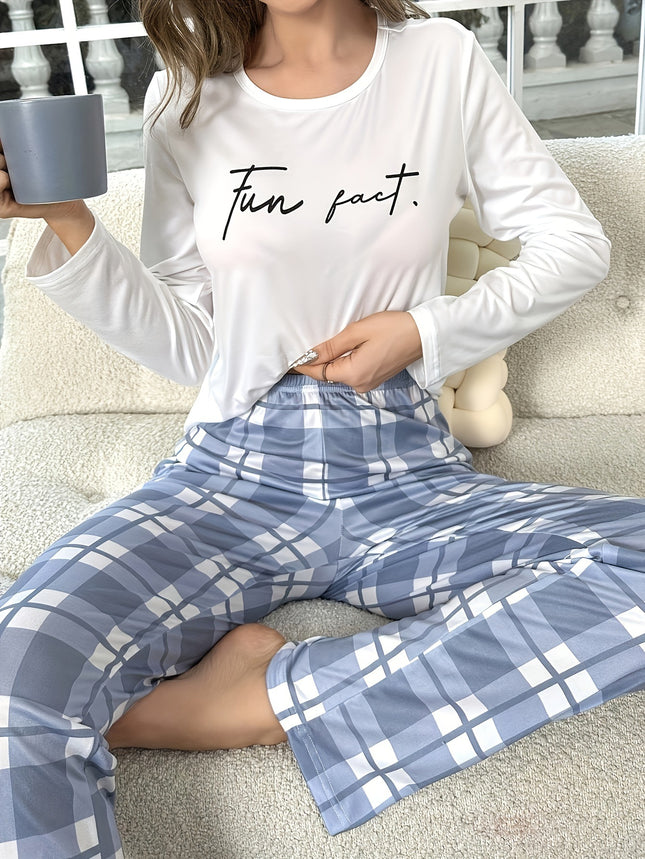 Homewear Cross-Border Pajamas Set Export Autum Women's Letter Printed Long-Sleeved Tops Plaid Pants Two-Piece Set