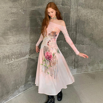 L130DS American Spice Girls 2024 Autumn New Crossover Long Sleeve Fashion Flower Printed Elegant Long dress