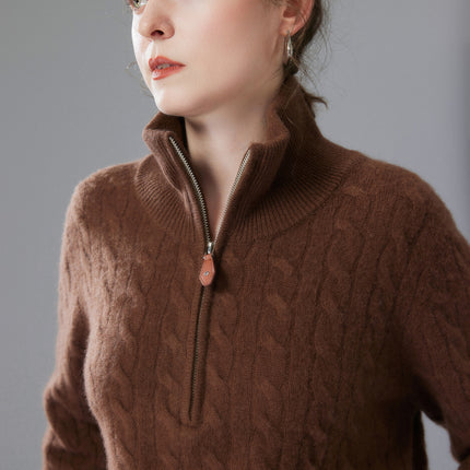 Autumn and Winter New Cashmere Sweater for Women, Loose Slimming Half-Zip Crew Neck Cable Knit Thick Sweater Trendy