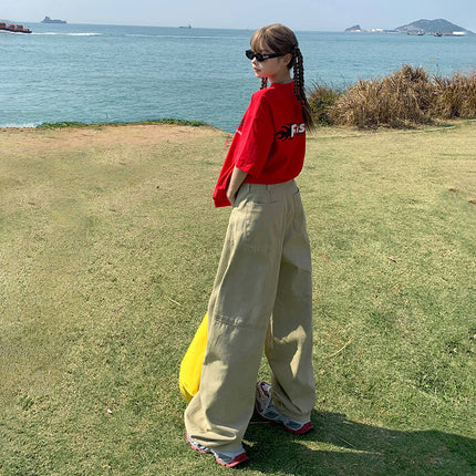 Khaki Loose Wide-Leg Sickle Jeans for Women 2025 Spring and Summer New High-Waisted Straight Draped Versatile Floor-Length Pants